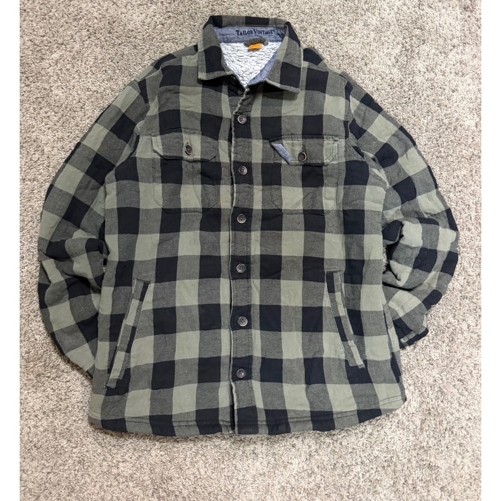 Tailor Vintage Mens Small Fleece Lined Flannel Shirt Jacket Buffalo Plaid Green
